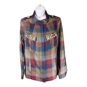 CABI Collage Jacket #3555 Cotton Plaid Pearl Embellished Zip Up Women's Medium